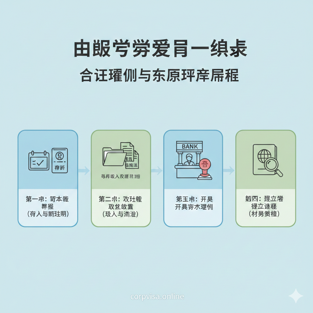 教程图用于指导用户如何准备'留学签证存款证明'和'资金来源解释'。设计成一个三步走或四步走流程图的插画。第一步：存款准备（存入和冻结期），用日历和存折符号表示。第二步：文件收集（父母收入证明、流水），用文件夹和文件图标表示。第三步：开具存款证明，用银行柜台和公章图标表示。第四步：递交签证，用护照和放大镜图标表示审查过程。整体采用扁平化或线条插画风格，配以淡雅的蓝色和绿色，流程清晰，强调专业和严谨。