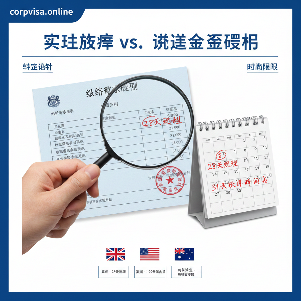 用于文章第四部分'实际花费 vs. 签证资金证明'。图片应以一个手持放大镜检查银行存单和日历的特写画面为主，强调资金证明的严格性。画面元素包括：一张银行存款证明（带有水印和正式印章）、一个日历标记出28天或31天的关键时间点、以及英美澳三国国旗的小图标，旁边标注着各自的核心要求（例如：UK-28 Days Rule, US-I-20 Full Amount）。整体采用商务、严肃的风格，色彩为蓝白，强调'精准计算'和'时间限制'，为签证财务准备提供视觉指导。