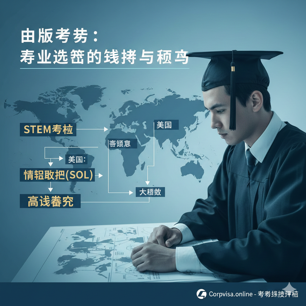 以“战略选择”和“终局思维”为主题的封面图。图片主体是一个穿着毕业袍的年轻学生，但不是看着天空或远方，而是低头审视一张铺开的全球地图/流程图。地图上清晰标注了几个关键的留学目的地（美国、加拿大、澳洲、英国），并用箭头和标签突出显示了“STEM”、“紧缺职业 (SOL)”、“高签证率 (Visa-Friendly)”等关键词。整体色彩采用沉稳的蓝绿色调，象征专业和规划。构图上，学生位于黄金分割点，聚焦于决策的瞬间，营造出严肃、专业的规划氛围，并配上 Corpvisa.online 的品牌标志或口号。